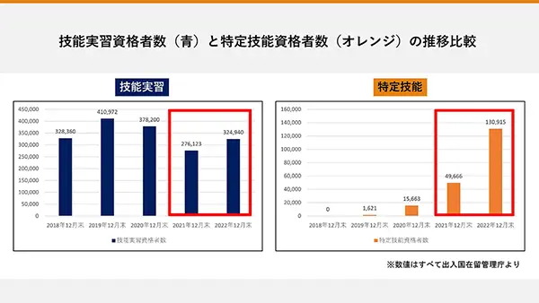 技能実習と特定技能の人数推移比較